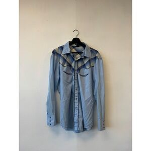 Vintage Plainsman Western Shirt Mens Large Blue Plaid Yoke Long Sleeve 80s